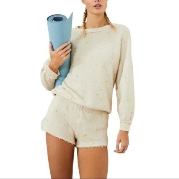 FREE PEOPLE Splatter Print Pull-On Fleece Shorts in Cream / Ecru - NWT - Picture 2 of 5